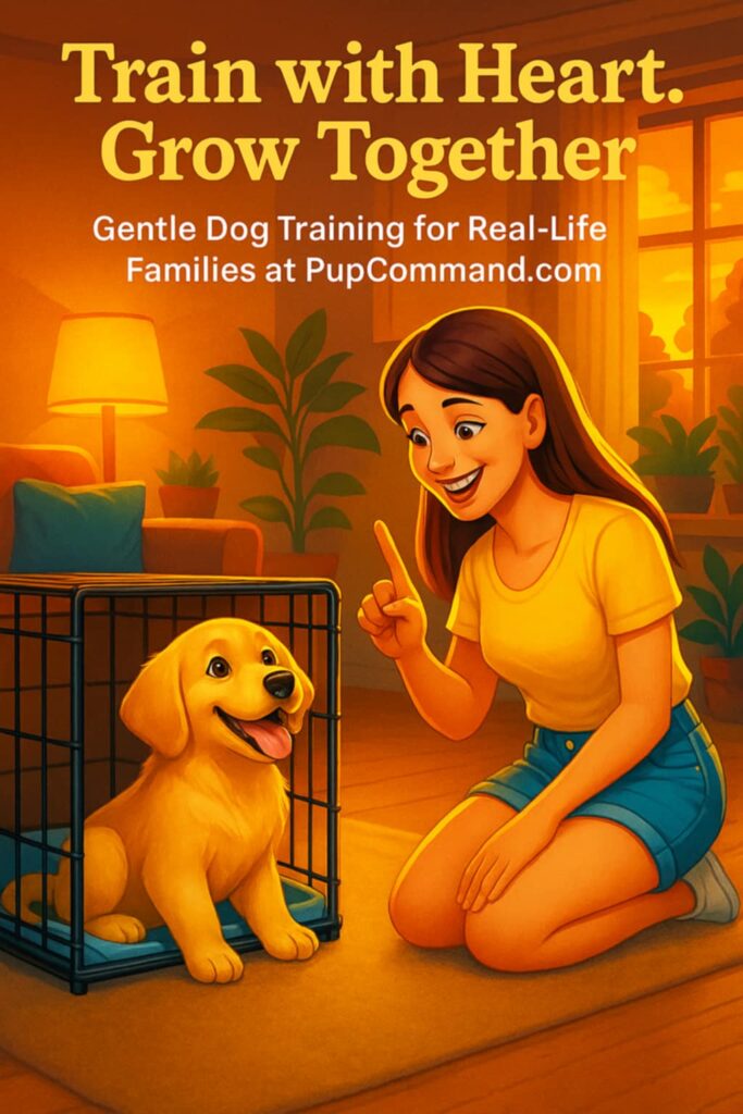 Woman gently holding puppy’s face while sitting outside together – bonding moment for dog training