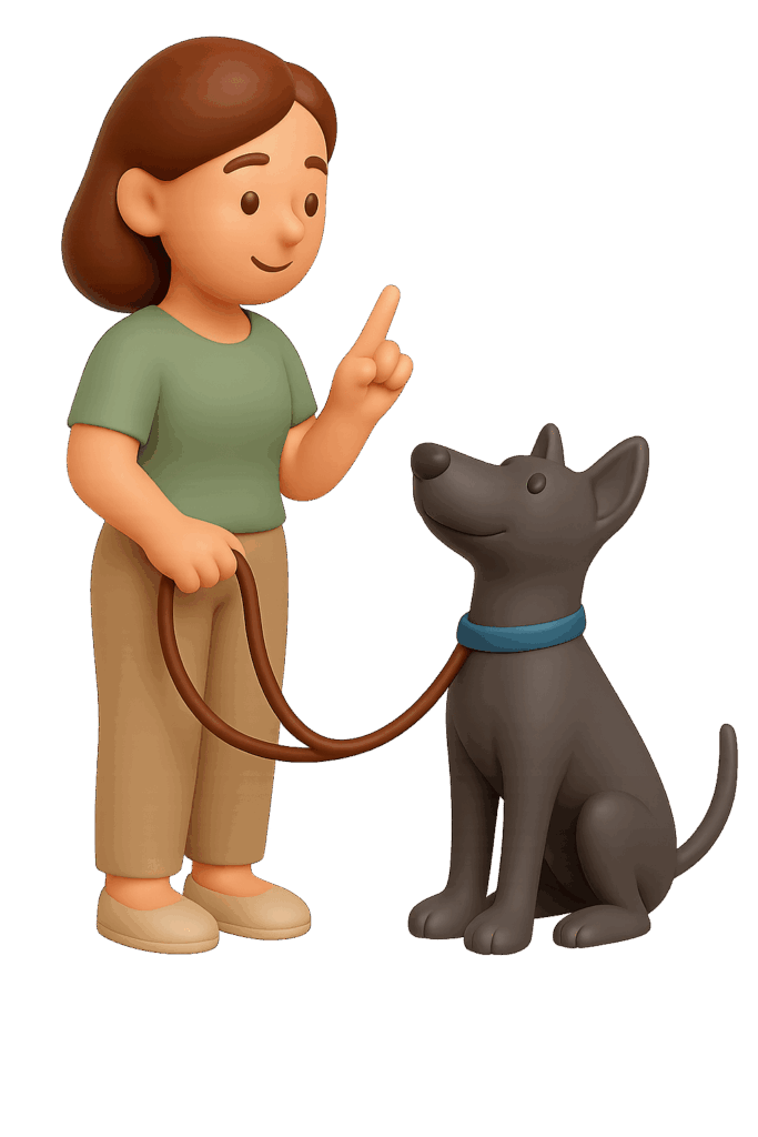 "Illustration of a woman crate training her dog — calm, positive dog behavior guide"