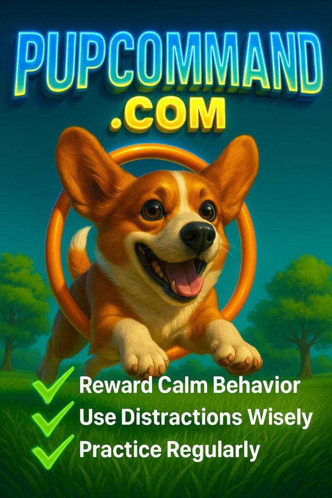 Happy Corgi jumping through a ring with training tips and PupCommand.com logo How to Stop Dog Barking at Strangers