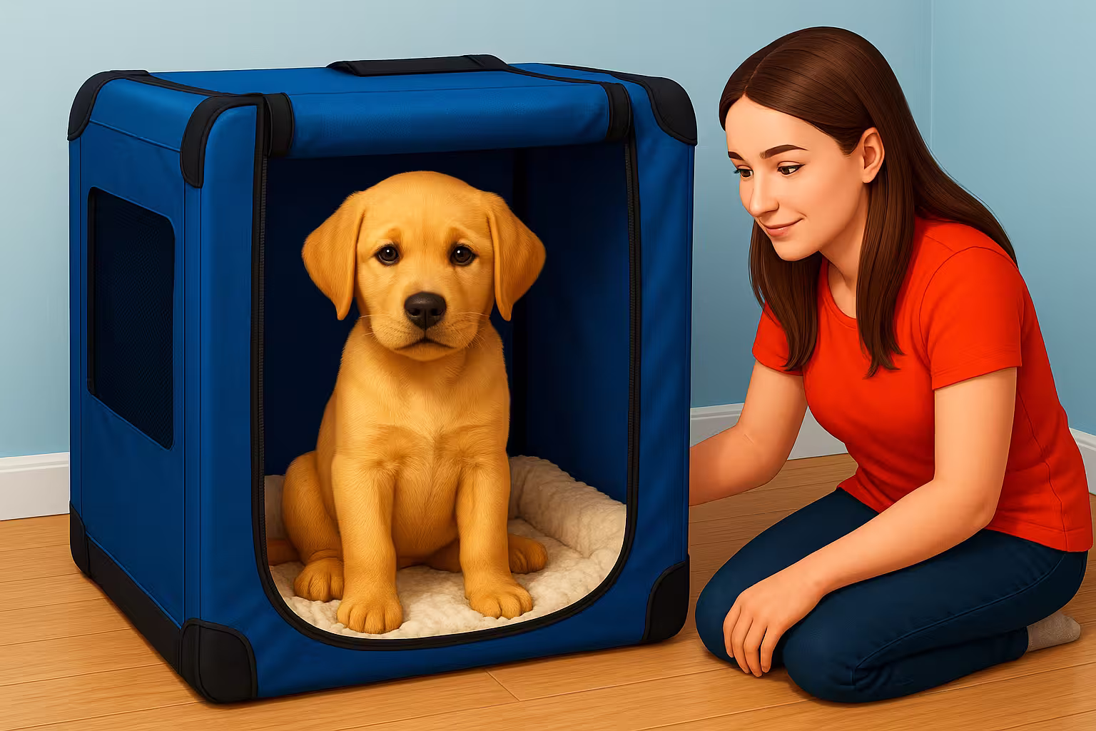 A calm puppy resting inside its crate with the door closed.