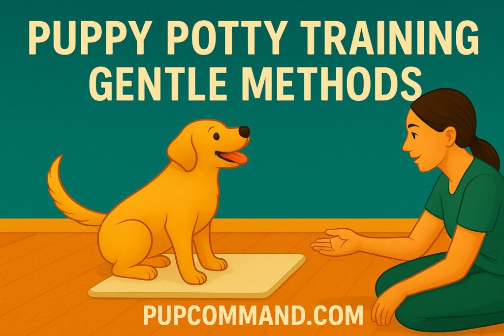 Illustration of a woman gently training a happy yellow puppy to use a potty pad indoors, promoting positive and gentle puppy potty training methods