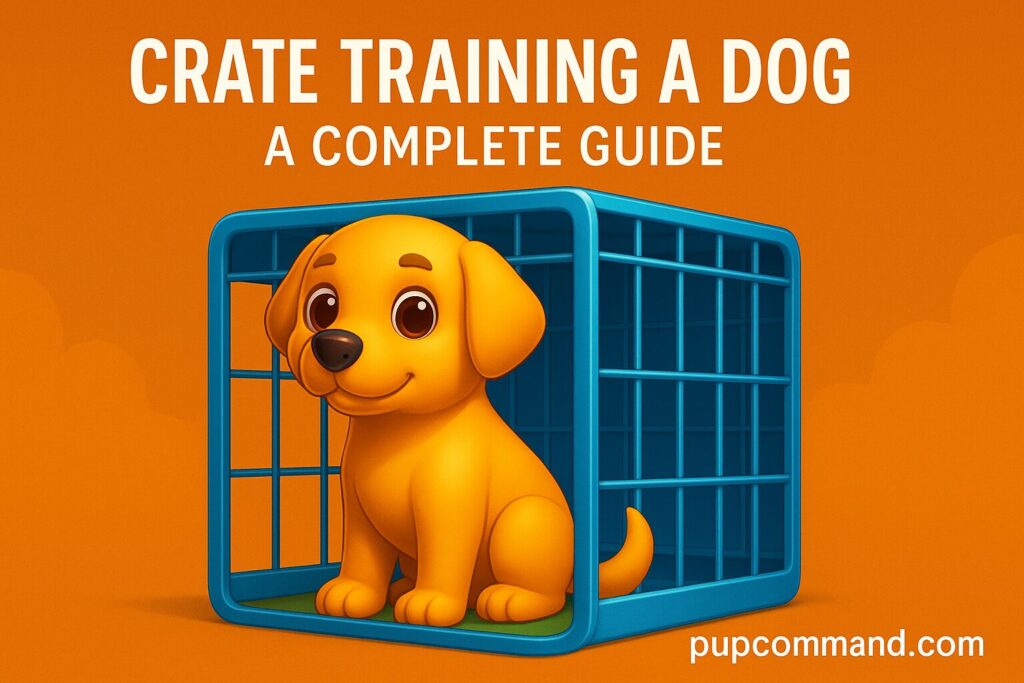 CGI-style illustration of a smiling golden puppy inside a blue crate, with bold orange background and the title “Crate Training a Dog: A Complete Guide