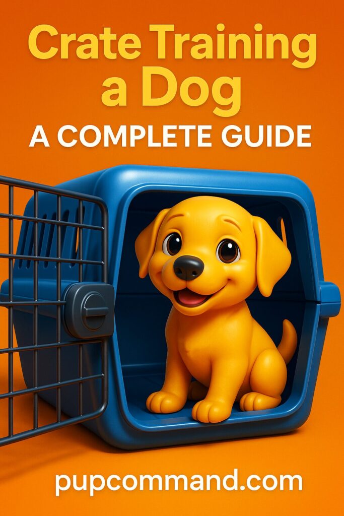 3D-style shiny golden puppy sitting in a bright blue crate with a bold orange background and the phrase “Crate Training a Dog – A Complete Guide” above and “pupcommand.com” below