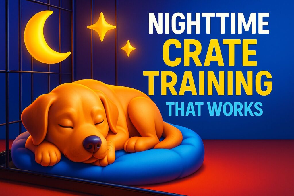 Colorful 3D image of a young dog resting calmly in crate with text overlay “Stop Barking Fast – Gentle Nighttime Crate Training That Works”