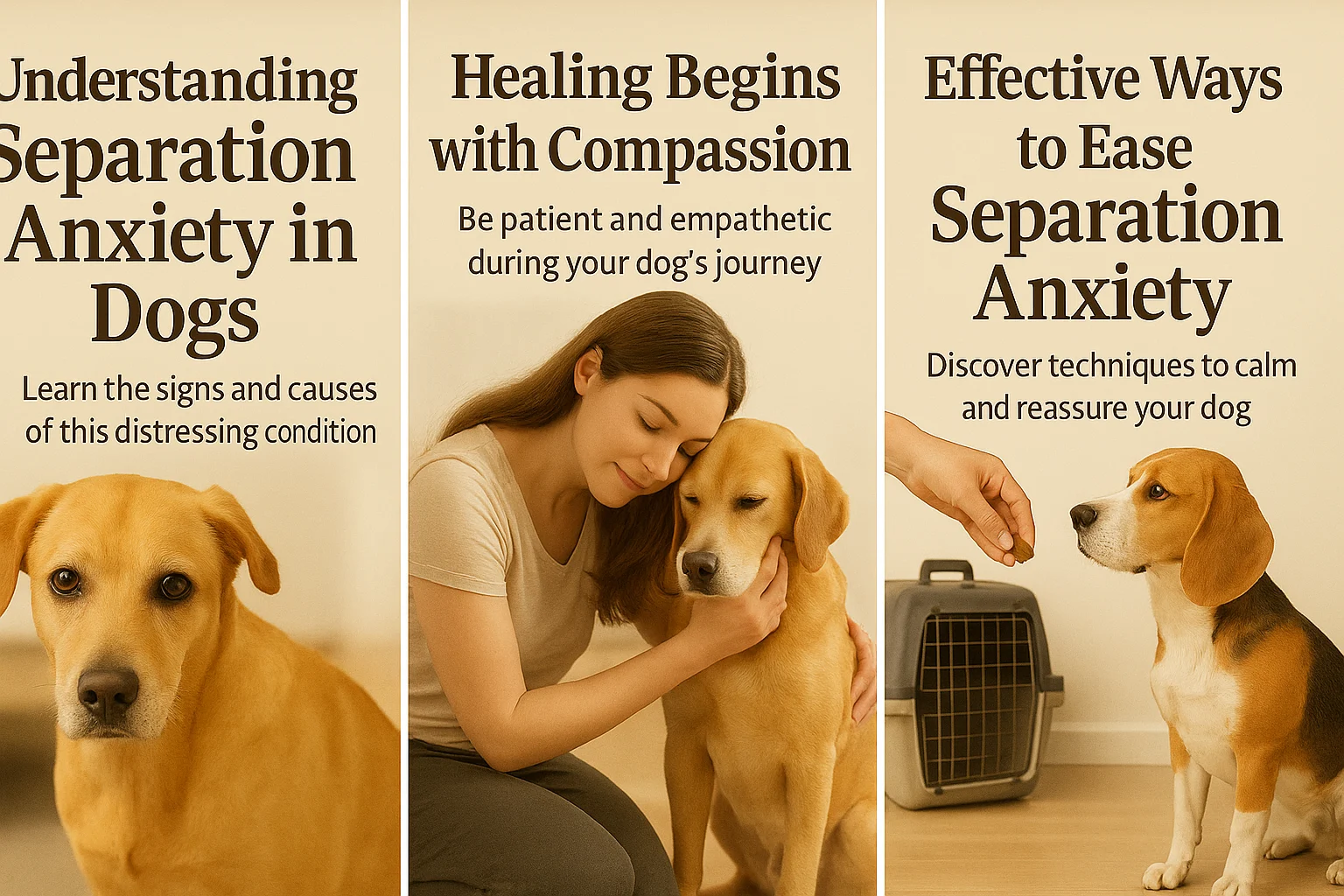 Photorealistic triptych showing emotional support for dogs with separation anxiety – includes sad dog, comforting owner, and beagle receiving treat