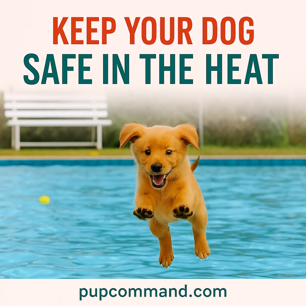 
Small puppy leaping into a bright blue pool, representing fun and cooling off during hot summer days.