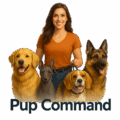 Pup Command logo featuring female dog trainer walking four dogs