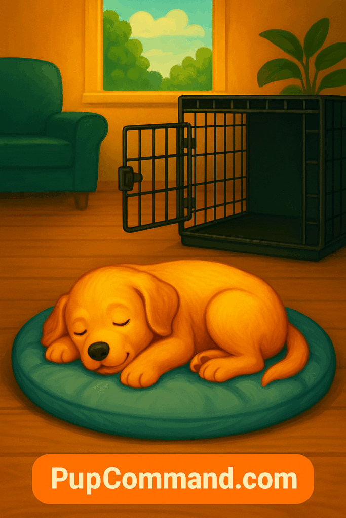 Golden retriever puppy peacefully sleeping inside a cozy crate at night, representing calm bedtime crate training success.