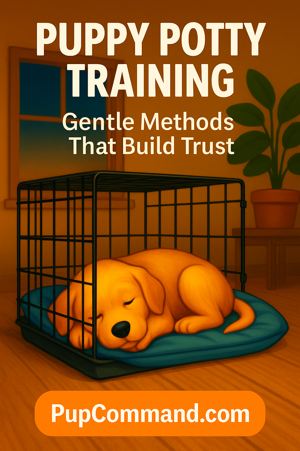 Puppy sleeping peacefully in a cozy crate with open door nearby, soft bedding inside, ambient lighting creating a safe and calming environment – part of PupCommand's nighttime crate training visuals.