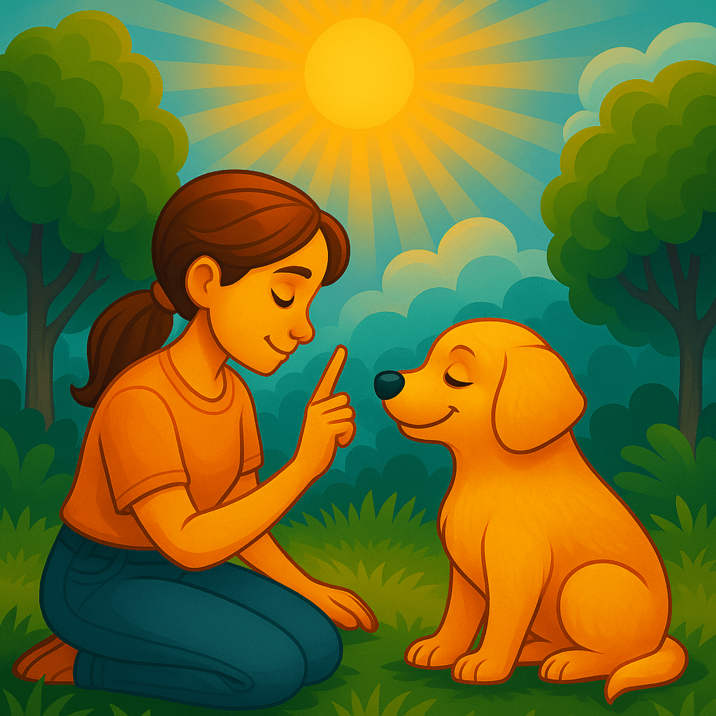 Young woman calmly training golden puppy in the grass using positive reinforcement