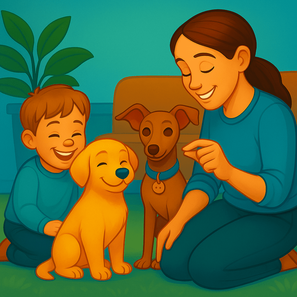 Digital illustration of a smiling mother and young child training two dogs in a cozy indoor setting, using positive reinforcement techniques.