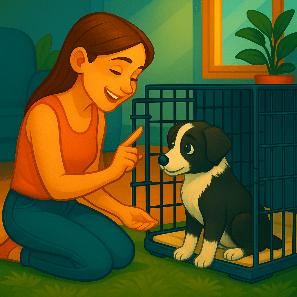 A digital illustration of a young woman calmly rewarding a black and white puppy inside a crate, representing positive reinforcement during crate training.