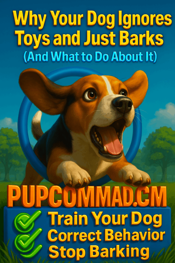 Cute beagle barking at strangers in a park, promoting calm dog training tips from PupCommand.com.