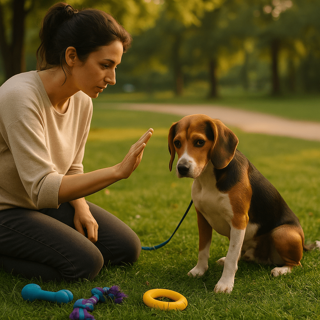 Training session to stop dog barking at strangers using toy redirection with a Beagle mix.