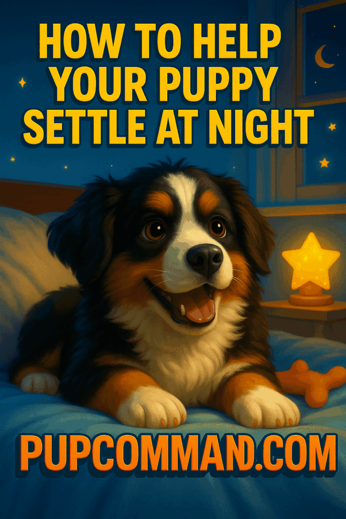 Golden retriever puppy lying calmly at night with a plush toy, illustrating the Calm Nighttime Protocol for helping puppies settle peacefully.