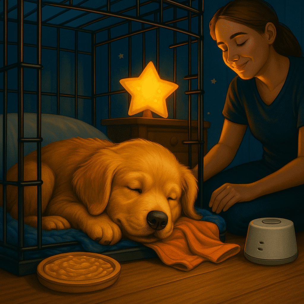 Golden retriever puppy calmly snuggled in bed as part of the Calm Nighttime Protocol to help your puppy settle at night.