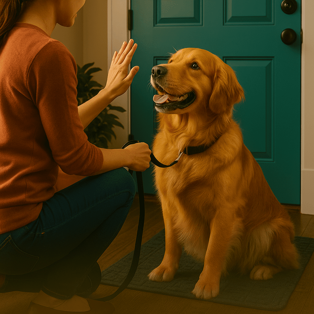 A woman kneeling to calmly greet her golden retriever at the door, practicing calm dog greetings