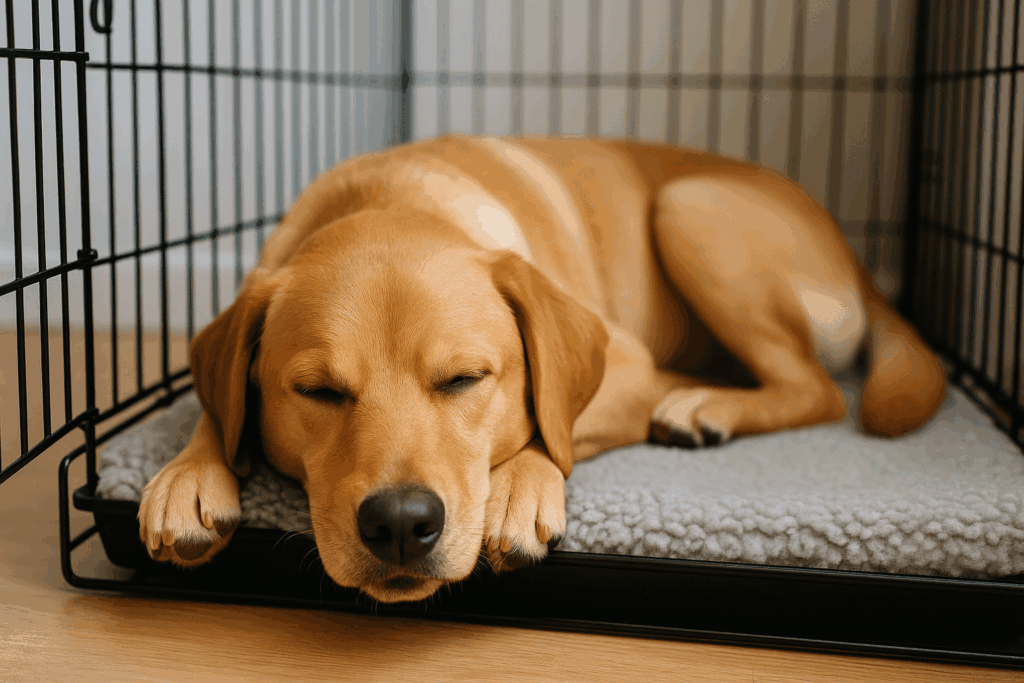 Dog sleeping in crate at night after calming routine, part of crate training tips.
