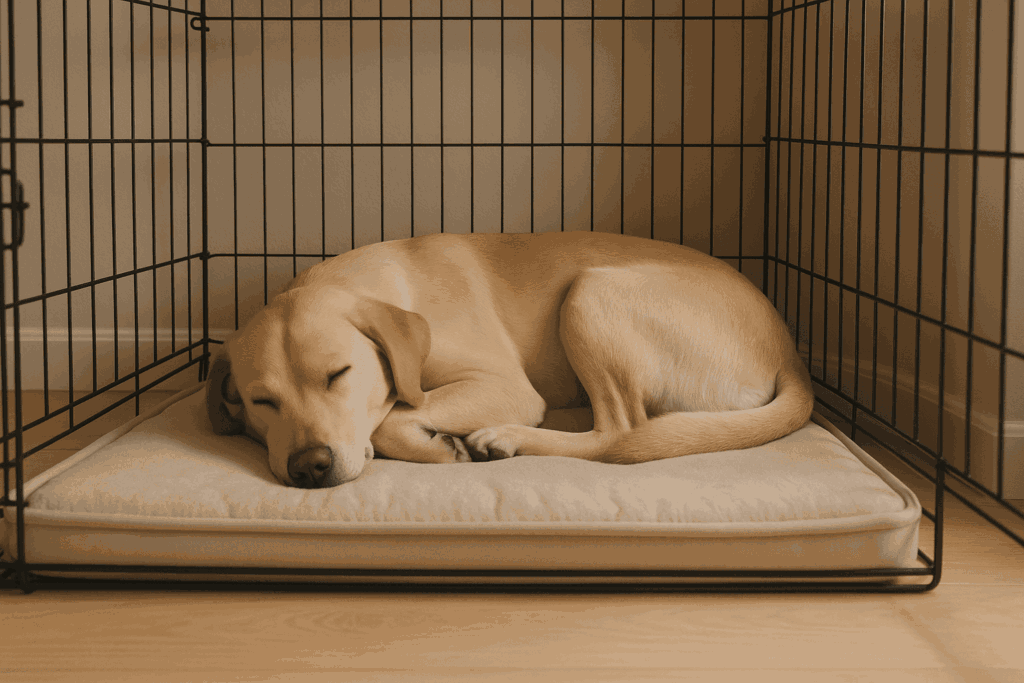 Dog sleeping calmly in crate after barking stopped at night