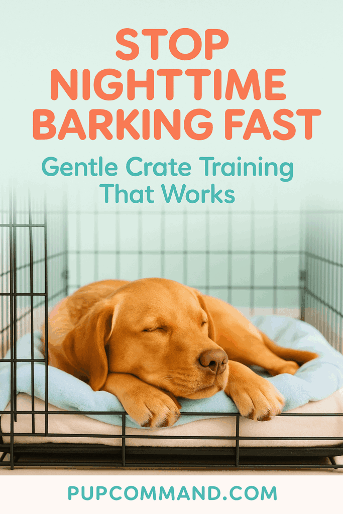 Pinterest image showing a peaceful yellow lab sleeping in a crate with bright coral and teal overlay text that reads: "Stop Nighttime Barking Fast – Gentle Crate Training That Works.