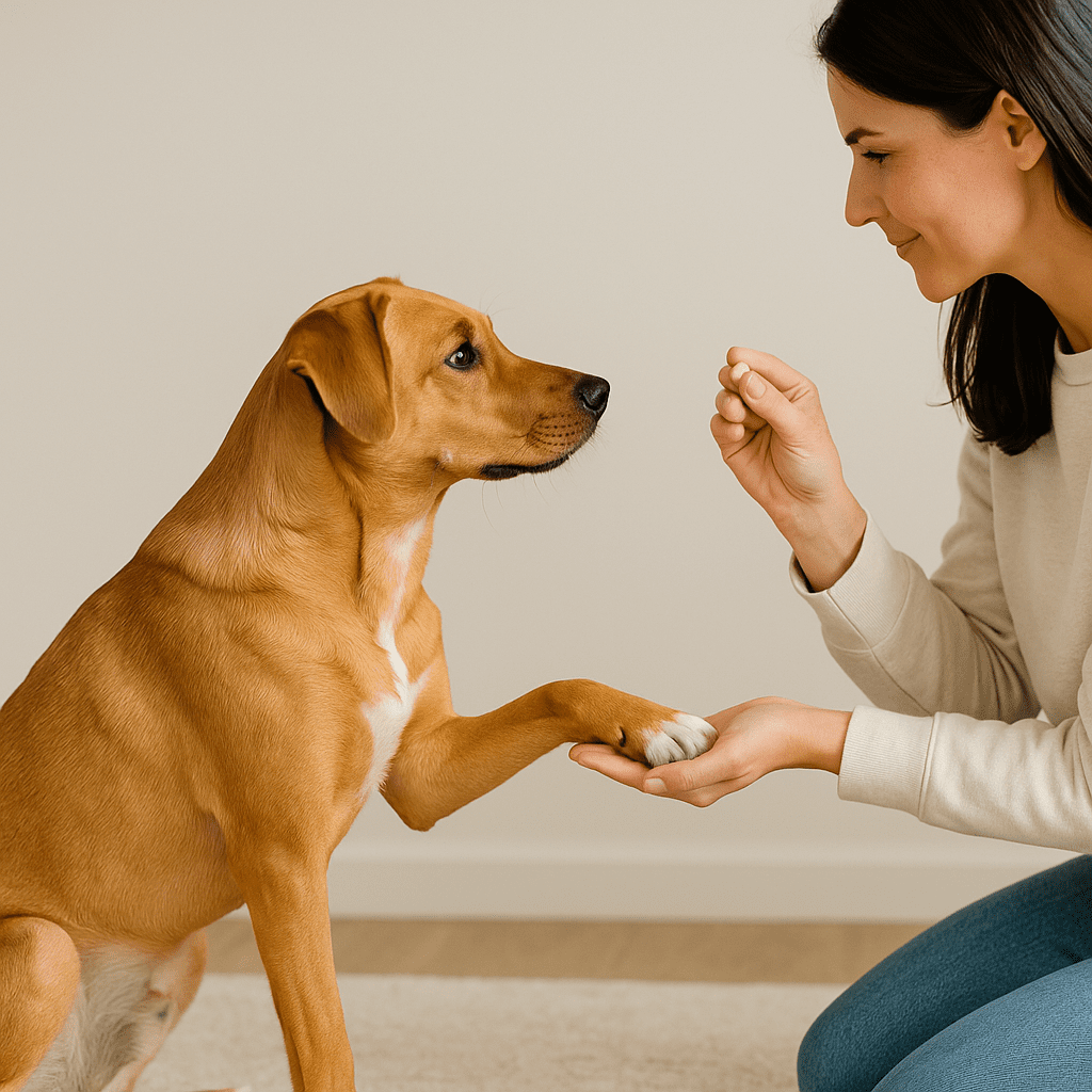 Focused brown dog mid-training with handler during calm shaping session indoors