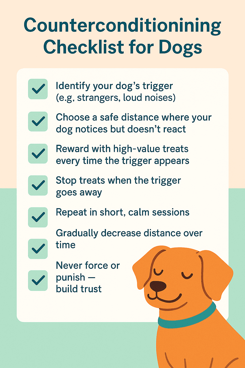 Counterconditioning dog training checklist for reducing fear and anxiety in dogs using positive reinforcement techniques