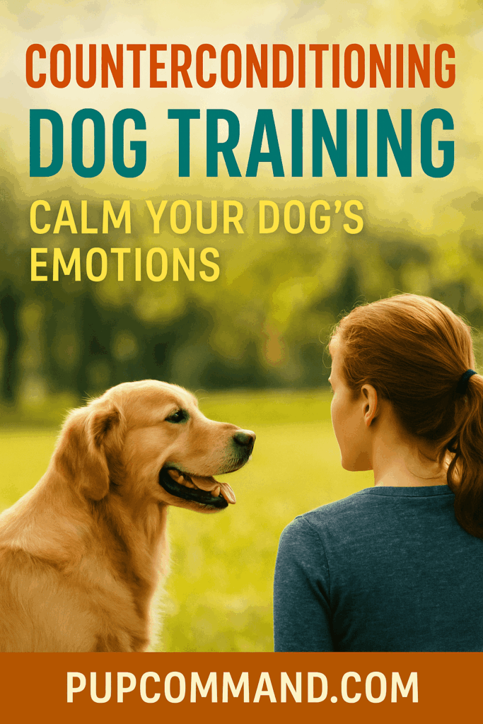 Pinterest-optimized graphic showing counterconditioning dog training steps to reduce fear and reactivity in dogs