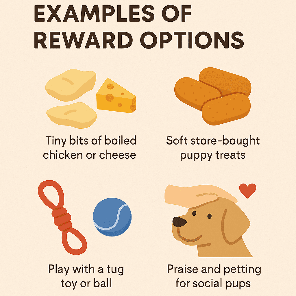 Infographic showing examples of high-value puppy training rewards including tiny bits of chicken or cheese, soft store-bought puppy treats, tug toys or balls, and praise or petting for social pups.