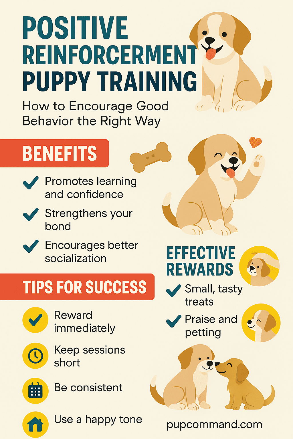 Positive Reinforcement Puppy Training: A Step-by-Step Guide Infographic showing step-by-step positive reinforcement training methods for puppies, including rewards, timing, and consistency tips.