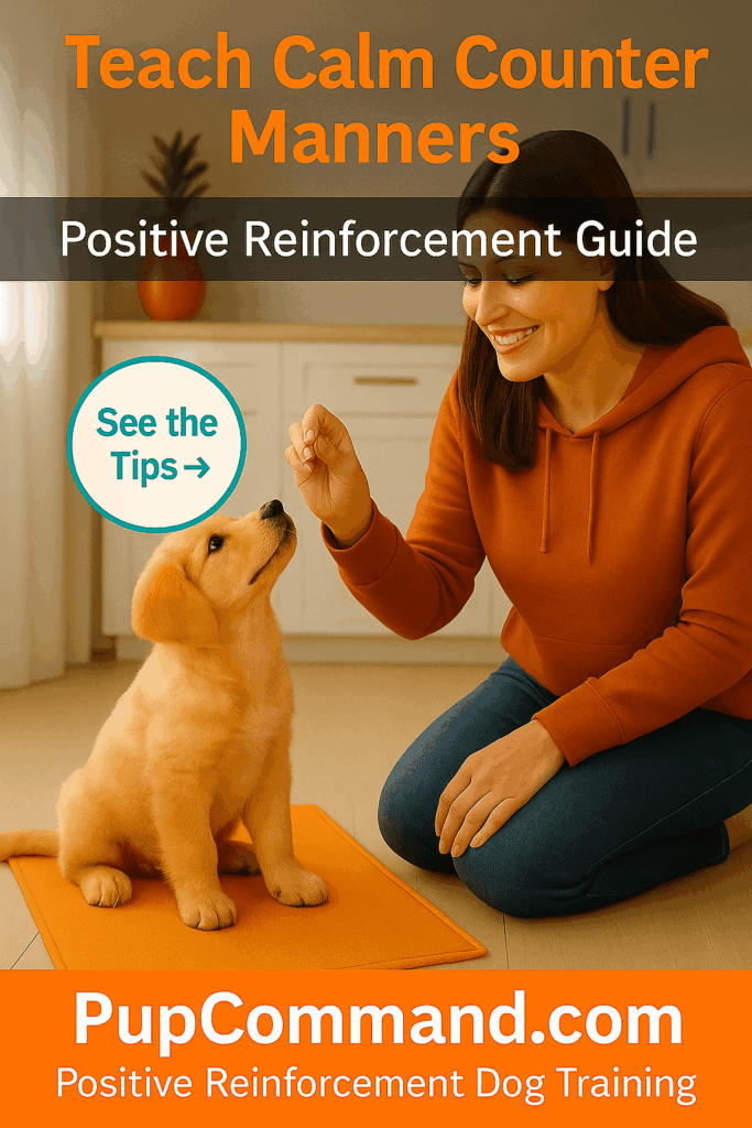 Positive Reinforcement Methods to Stop Dog Counter Surfing Woman wearing an orange sweater and shoes kneels on an orange mat in a bright kitchen, offering a treat to a corgi puppy looking up attentively. The top overlay reads “3 Positive Reinforcement Methods – Stop Your Dog from Counter Surfing,” and a teal-bordered badge displays “3 Methods” with “View Now” below. The orange footer shows “PupCommand.com • Positive Reinforcement Dog Training.