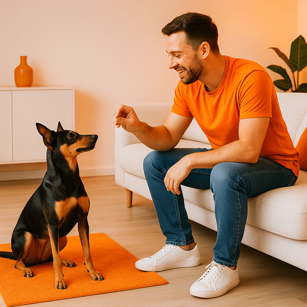 Positive Reinforcement for Jumping Dogs: Four on the Floor Man in bright orange t-shirt kneels beside his black-and-tan dog sitting on an orange training mat in a modern living room, offering a treat to reinforce “four on the floor.”