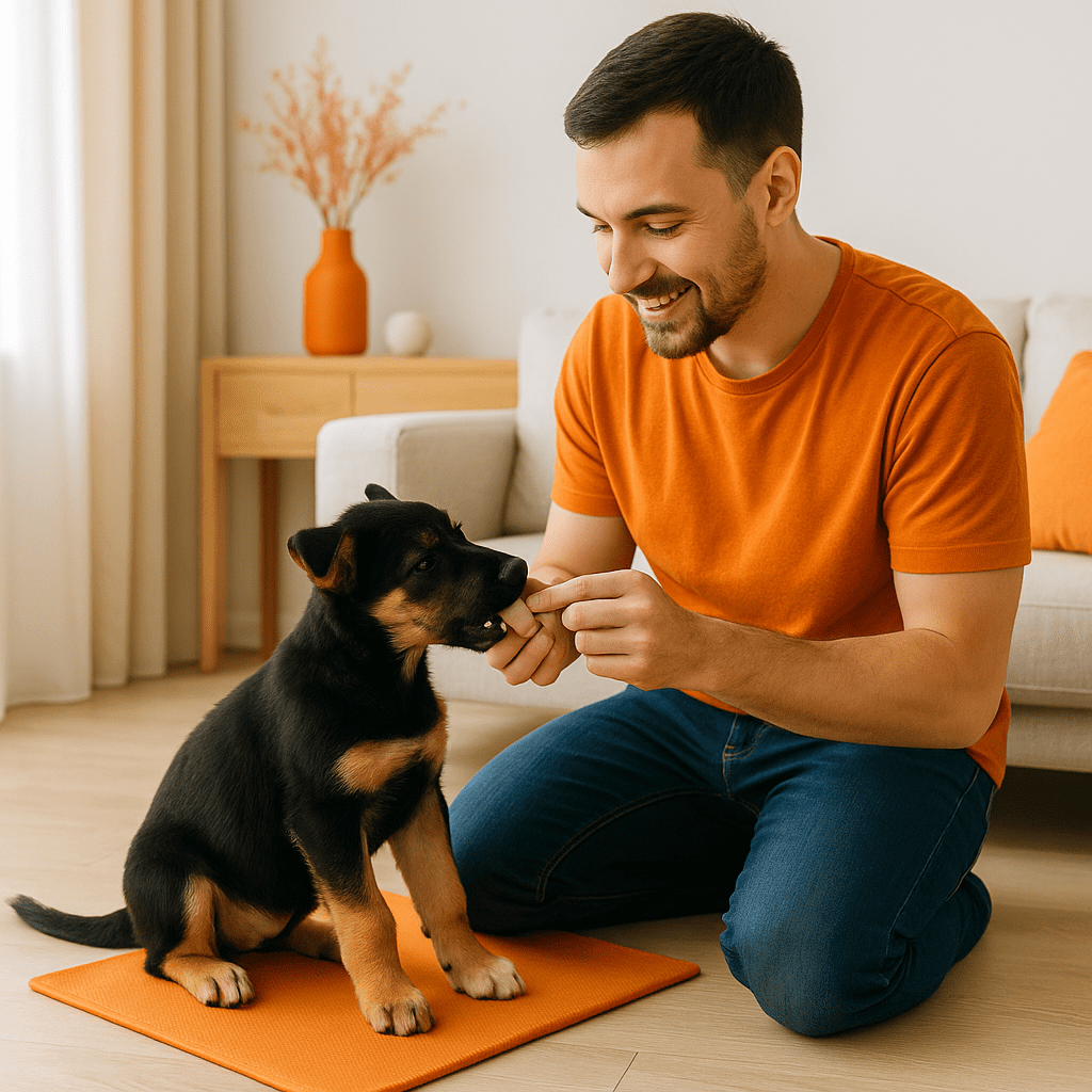 Man in a bright orange shirt holds a treat while his black-and-tan puppy gently mouths his hand on an orange training mat in a modern living room.