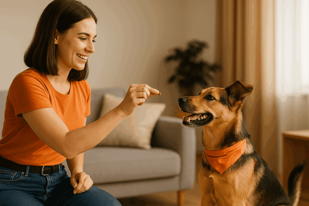 Woman rewarding her calm dog with a treat—illustrating positive reinforcement to replace problem behaviors.