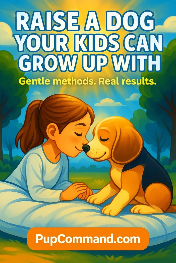 A young girl gently bonding with a golden puppy in a sunny park setting — promoting calm dog training for families.