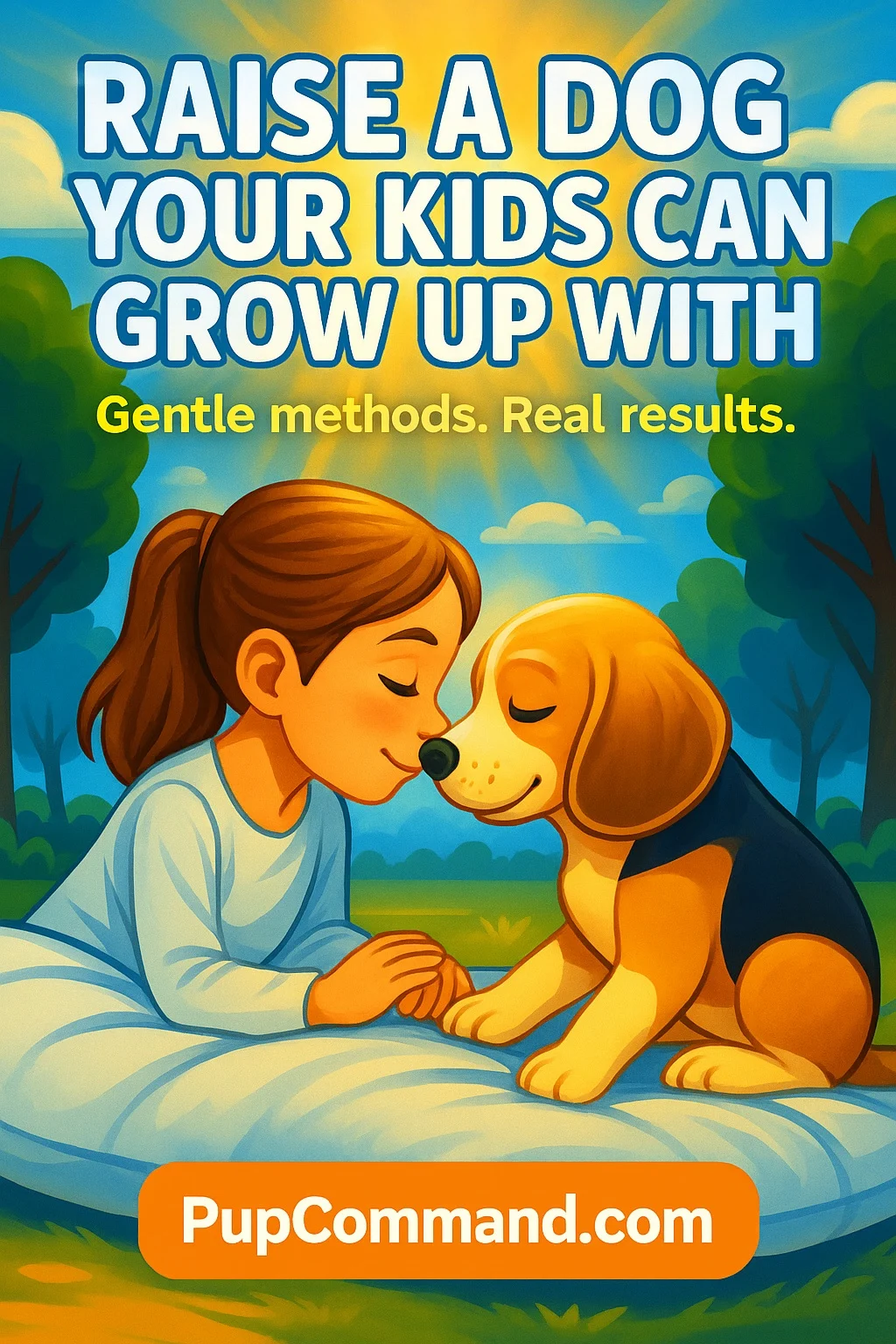 A young girl gently bonding with a golden puppy in a sunny park setting — promoting calm dog training for families.