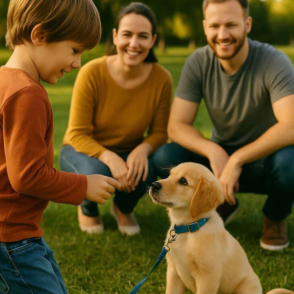 Family bonding with golden retriever puppy during a calm outdoor 🦴 Positive Reinforcement Puppy Training session