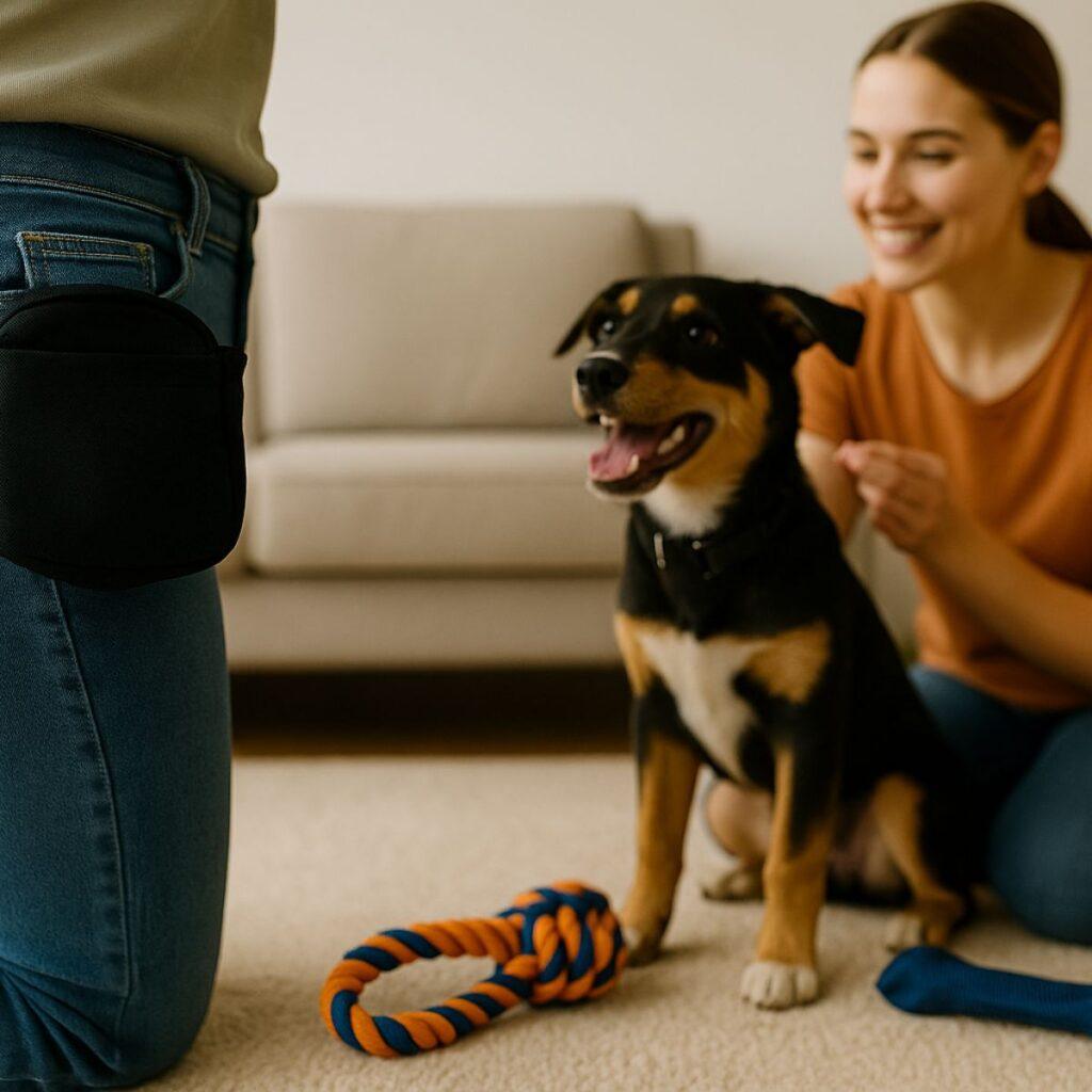 Trainer kneeling beside puppy indoors with treat pouch and tug toy visible, demonstrating reward-based positive reinforcement puppy training setup