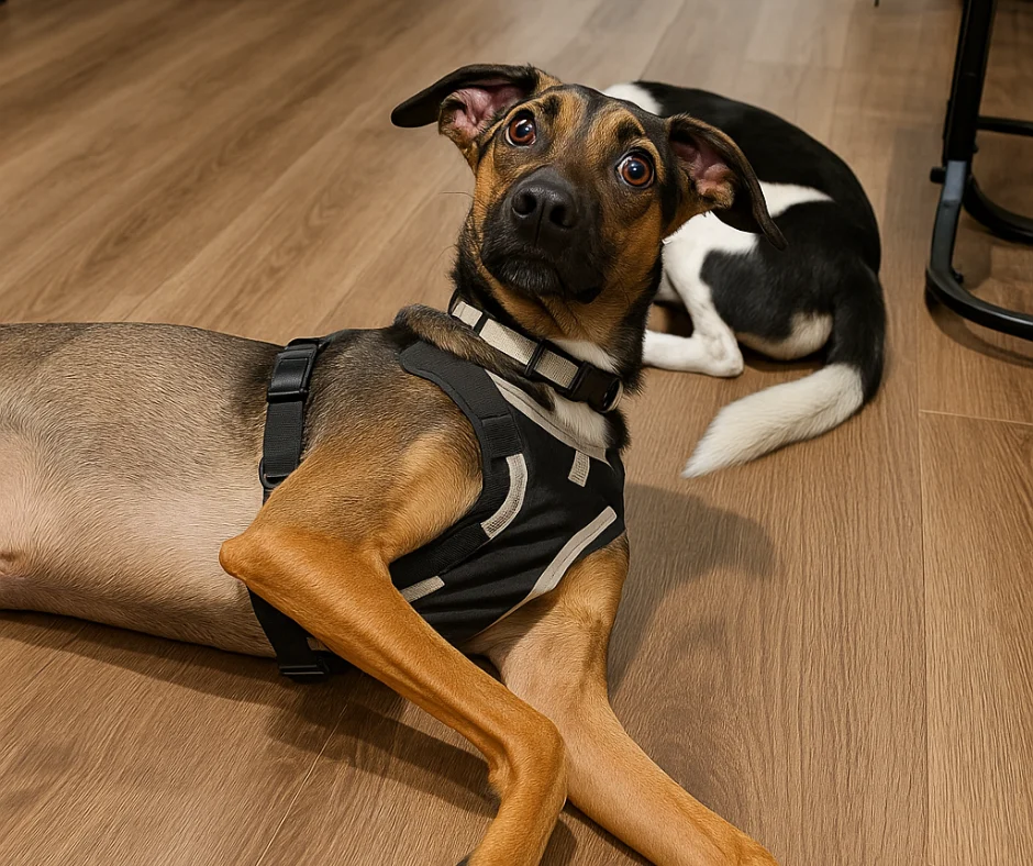 Two rescue dogs resting together on a hardwood floor, one alert in a harness and the other curled beside him peacefully “Winston learning to relax with a friend by his side”