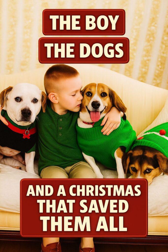 A young boy in a green shirt lovingly cuddles three rescue dogs dressed in festive sweaters on a cream-colored couch. The scene radiates warmth, safety, and the magic of second chances.
