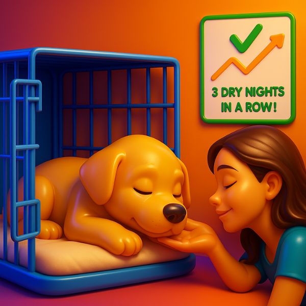 3D-rendered golden puppy resting peacefully in a crate while a woman gently strokes its chin. A colorful progress chart behind them reads “3 Dry Nights in a Row!” highlighting the importance of celebrating training milestones.