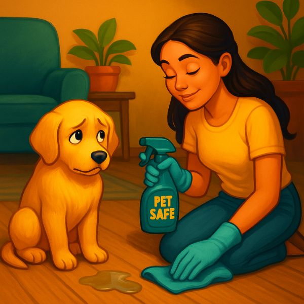 Puppy looks sheepish as owner calmly cleans a potty accident using pet-safe cleaner on hardwood floor.