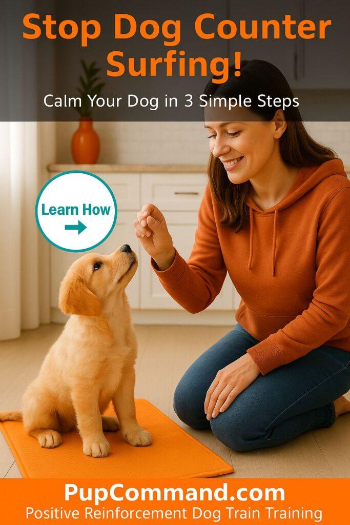 Woman in an orange sweater kneels by a Golden Retriever puppy sitting on an orange mat in a modern kitchen, with a teal “3 Steps” circle above and the headline “Stop Dog Counter Surfing!” overlay.