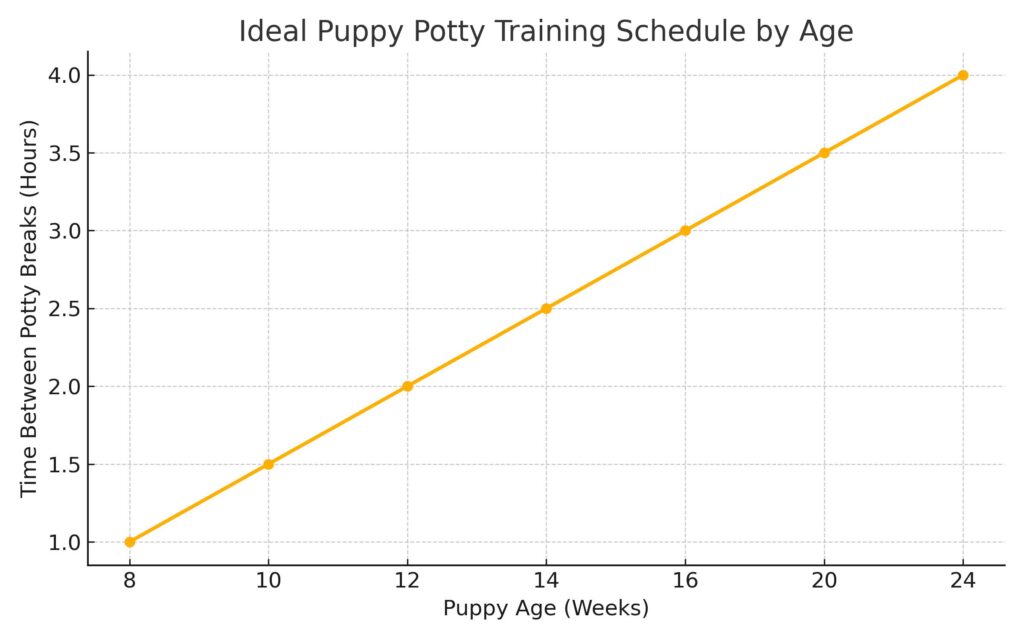 Line chart showing ideal puppy potty training schedule by age, tracking how time between potty breaks increases as puppies grow older.