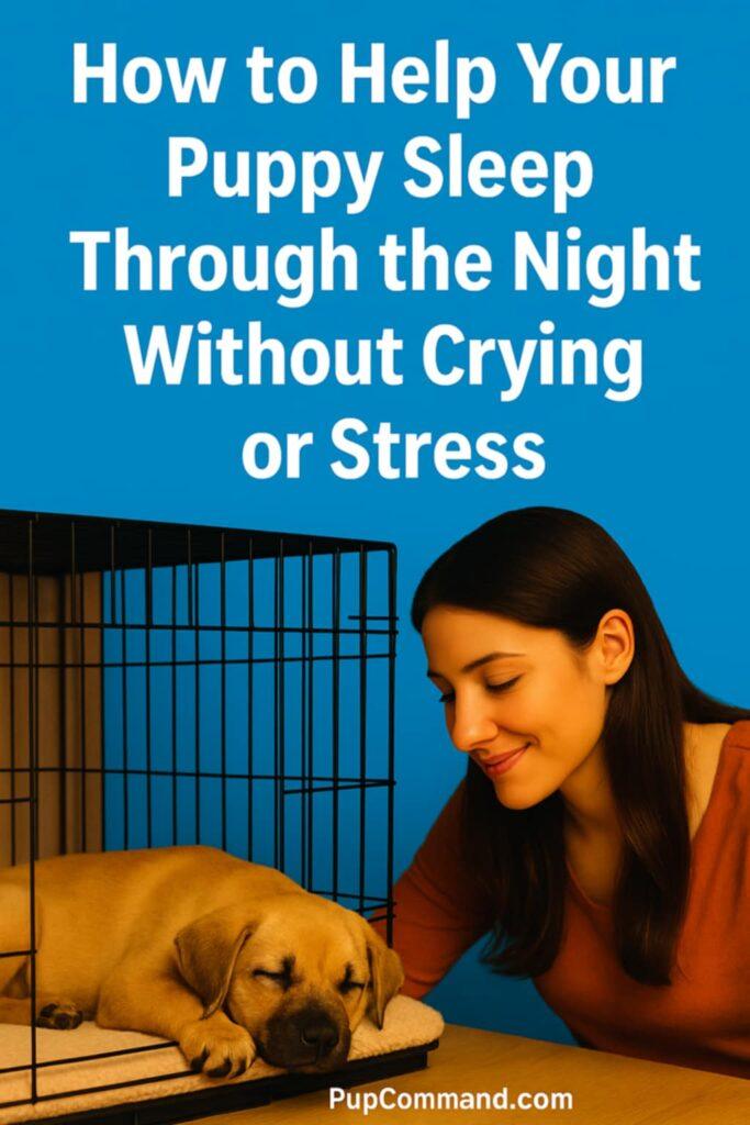 A woman gently comforting her puppy at night using positive reinforcement, helping the puppy sleep through the night without crying.