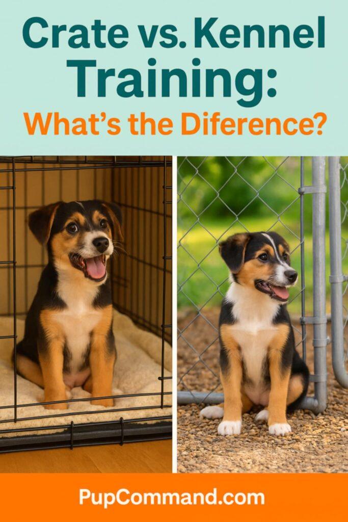 A side-by-side comparison of crate and kennel setups for dog training, illustrating the differences between crate vs kennel training.