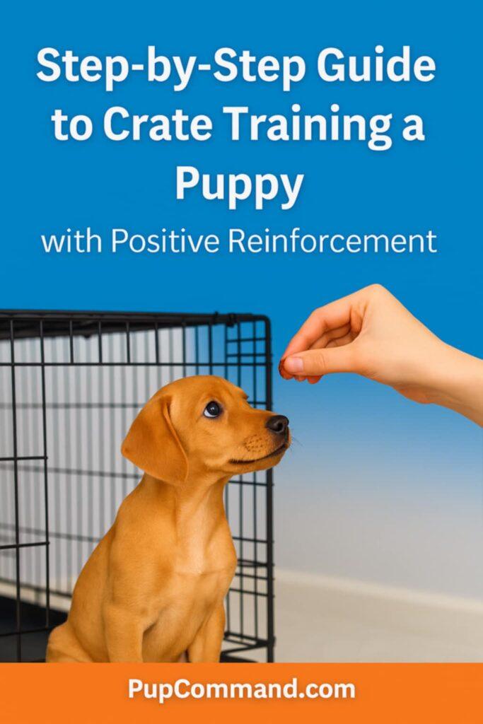 A focused puppy being introduced to crate training by a calm handler using positive reinforcement.