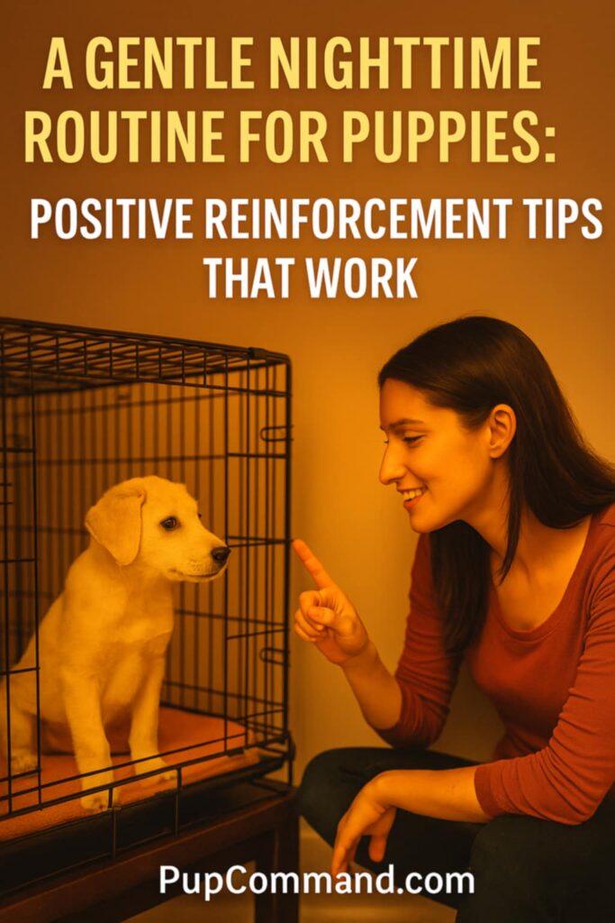 A puppy and owner engaging in a calm bedtime routine inside a softly lit room—perfect example of a nighttime routine for puppies using positive reinforcement.