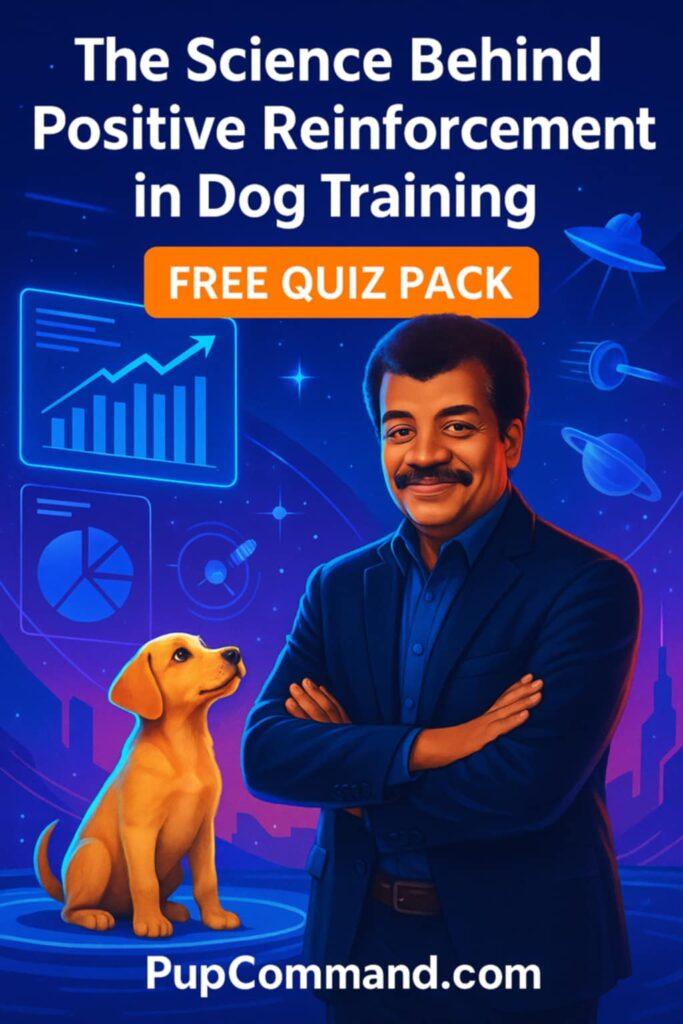 Illustrated trainer with a dog and quiz overlay promoting a free puppy training quiz pack.