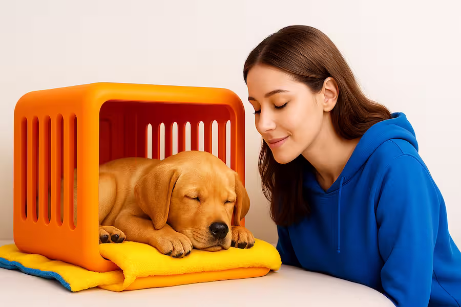 Calm puppy resting before bedtime.