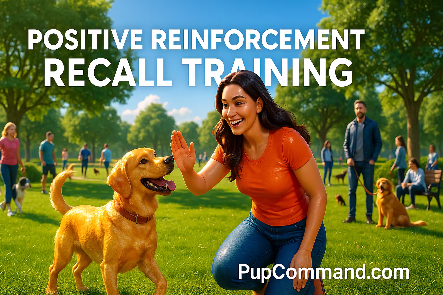 A vibrant 3D CGI-style illustration of a smiling woman recalling her happy golden retriever using positive reinforcement in a sunlit park. The woman is wearing casual clothes and the dog is running joyfully toward her, working on dog recall training.